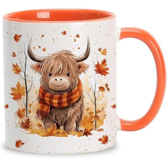 Hyturtle Fall Highland Cow Maple Leaves Coffee Mug - Birthday Gifts For Cow - Picture 7 of 7